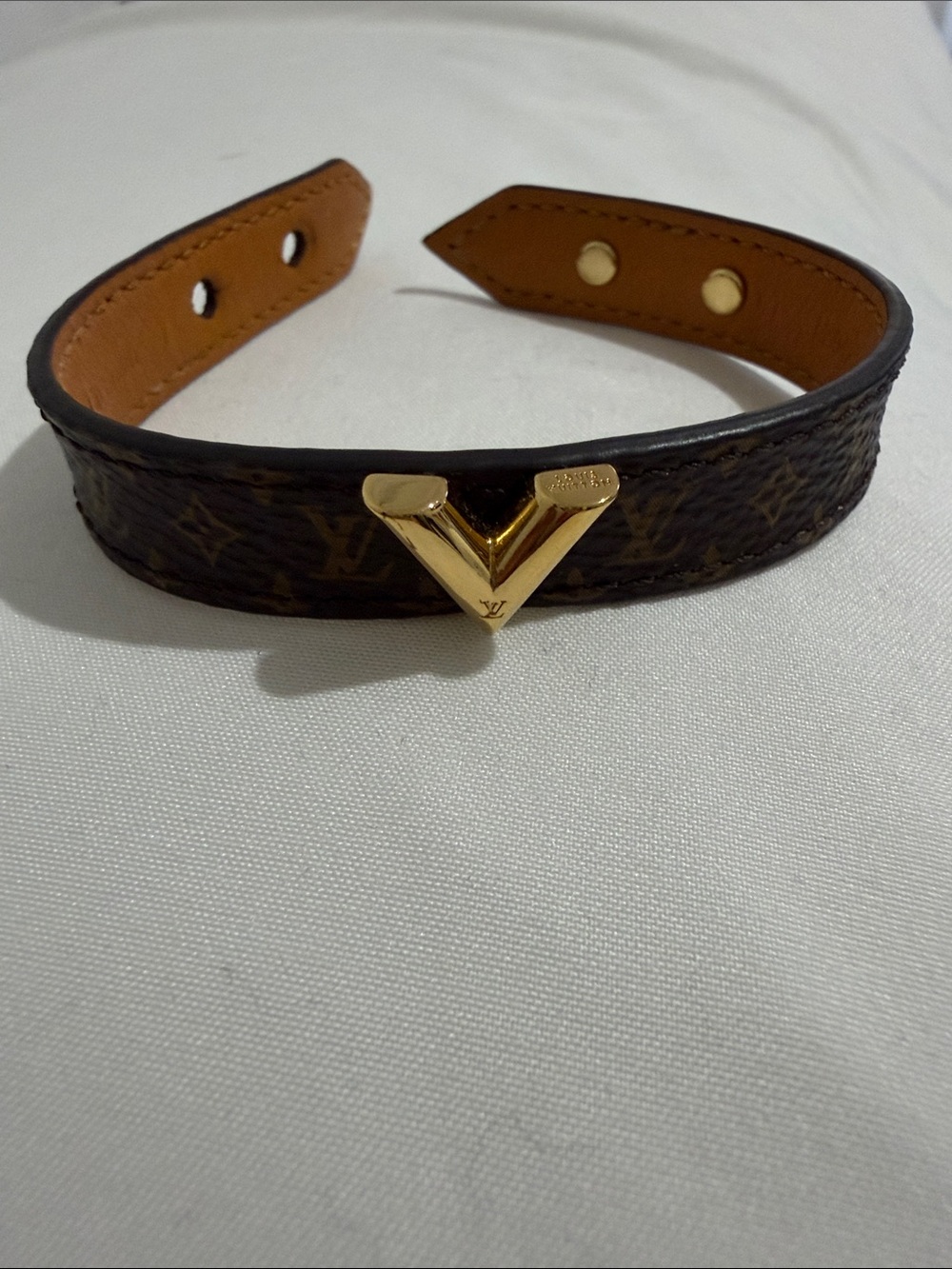 Louis Vuitton Monogram V Cuff Bracelet in Brown with Gold V Detail